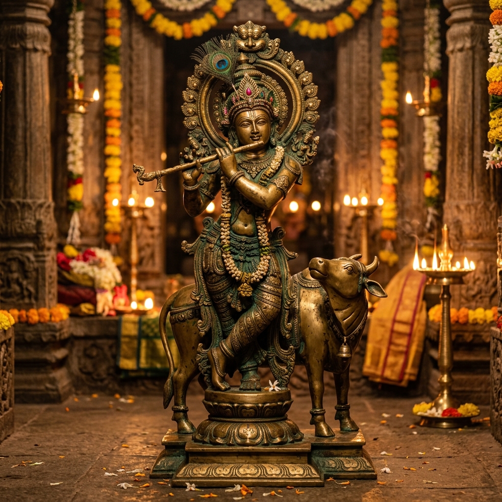 Action Lord Krishna with Kamdhenu Cow Brass Idol (7.5 Inch)